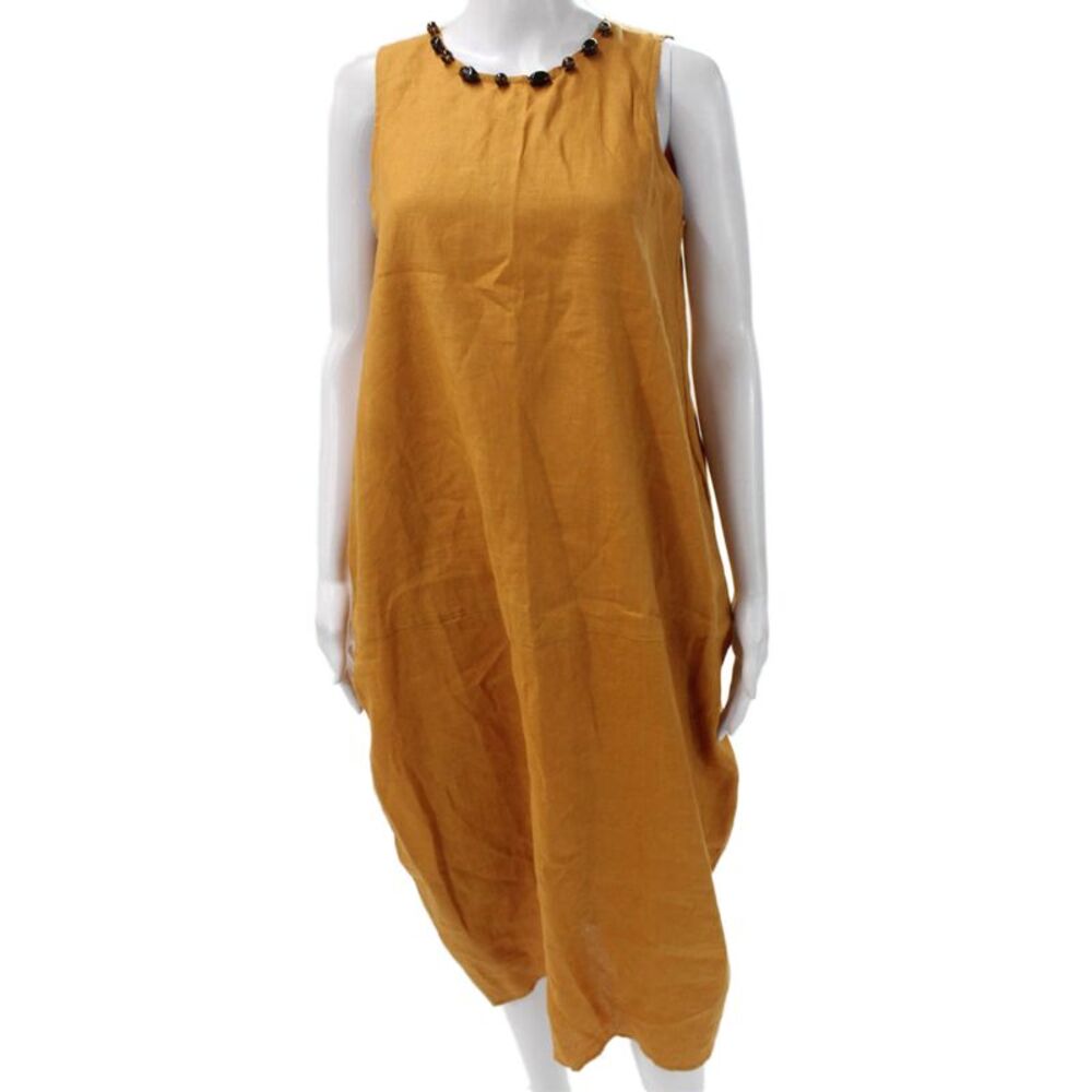 FIBFLX Womens Orange Trapeze Swing Linen Midi Dress Sleeveless Size S
